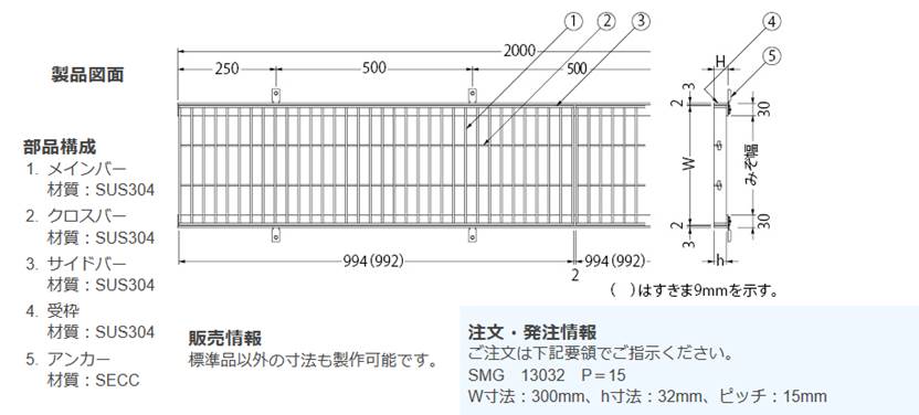 カネソウ　SUSグレーチング　プレーンタイプ横断溝・側溝用　(SMG-14032-P=30枠付 RL-32)すきま26mm　寸法：400×994×32 - 1